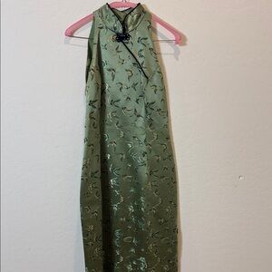 Custom Green Satin Patterned Halter Dress